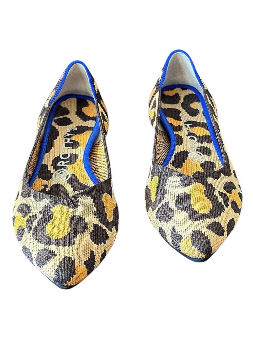 Rothy's Leopard Print Pointed Toe Flats with Blue Trim
